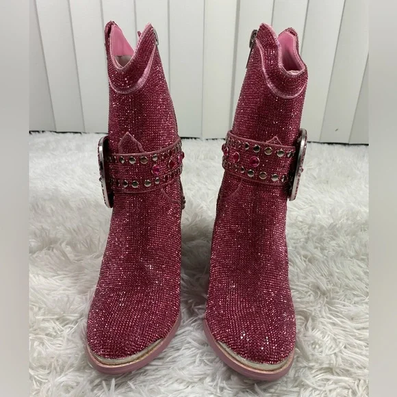 CLUB EXX Pink Sheriff Shine Rhinestone Cowboy Boots Ankle Booties Heeled Size 8 - Picture 2 of 13